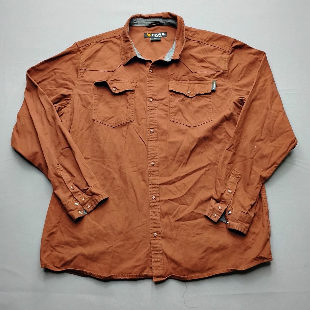 Hawx Work Gear Mens 2XLT Brown Western Pearl Snap Long Sleeve Work Shirt Canvas